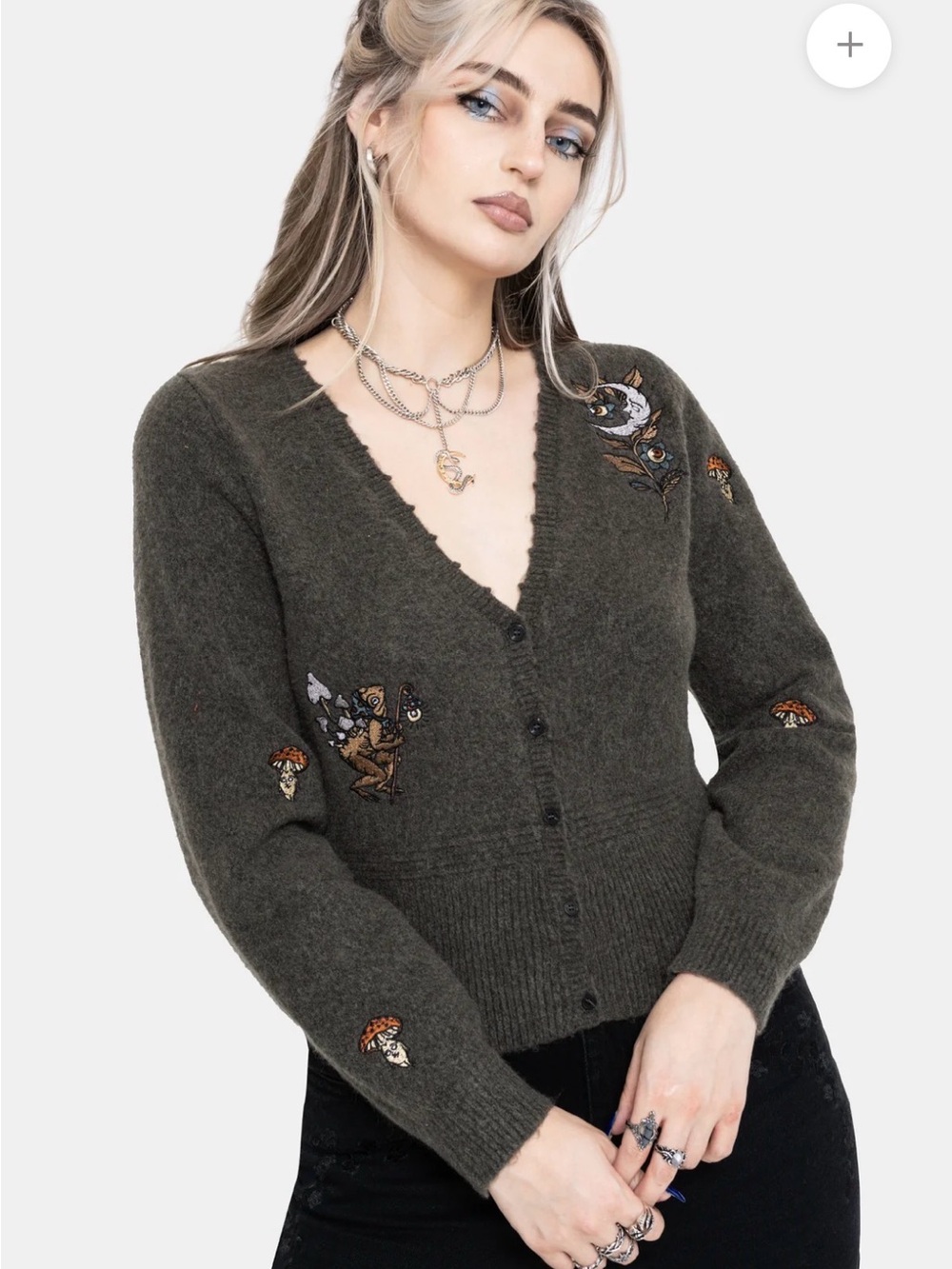 Disturbia Cleo Neck Frog Embroidered Knit Cardigan